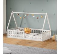 Lit cabane enfant 90x200 cm NICOLAS lit Simple montessori avec Barrières de Protection en Bois Massif, Laqué blanc