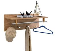 Porte-manteaux mural ULF penderie murale avec 1 étagère de rangement 1 tringle 4 patères crochets métal chromé, décor chêne sauvage