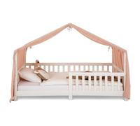 IDIMEX Rideau de lit LIAN avec Pompons en Mousseline 100% Coton 125 x 390 cm, pour Lits cabanes Enfants, Tissu léger et Doux Rose