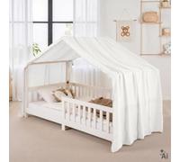 IDIMEX Rideau de lit LIAN avec Pompons en Mousseline 100% Coton 125 x 390 cm, pour Lits cabanes Enfants, Tissu léger et Doux