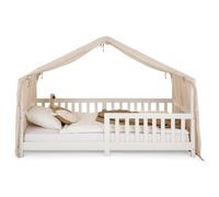 IDIMEX Rideau de lit LIAN avec Pompons en Mousseline 100% Coton 125 x 390 cm, pour Lits cabanes Enfants, Tissu léger et Doux Beige