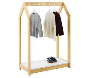 IDIMEX Sally Portemanteau pour enfant en forme de maison Montessori Naturel/blanc - Tringle à vêtements à hauteur adaptée aux enfants avec plateau en pin