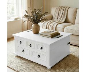 IDIMEX Table Basse de Salon Tequila Coffre Malle de Rangement rectangulaire en Bois Style Mexicain avec 5 tiroirs, en pin Massif lasuré Blanc