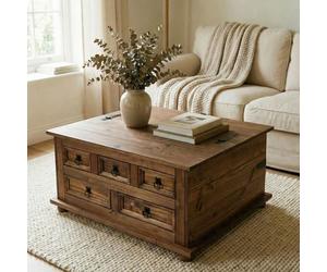 IDIMEX Table Basse de Salon Tequila Coffre Malle de Rangement rectangulaire en Bois Style Mexicain avec 5 tiroirs, en pin Massif lasuré Brun