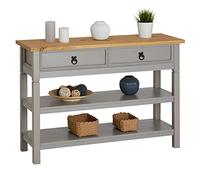 Table console TEQUILA table d'appoint style mexicain avec 1 tiroir et 2 étagères, en pin massif lasuré gris et brun
