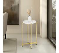 IDIMEX Table d'appoint CRATO H 55 cm Ronde, Plateau en Marbre Couleur Blanc, Bout de Canapé pour Salon Design Chic, Piétement en Métal Couleur Bronze, Petite Table d'Appoint Minimaliste