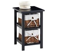 Table de Chevet Nokomis Table de Nuit en Bois avec 2 paniers en Osier et Insert en Tissu Blanc, Meuble Style Rustique pour Chambre lasuré Noir