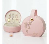 iDIY Cadeau Personnalisé Femme Boîte à bijoux Femme de Voyage, boîte à bijoux personnalisée avec initiale, fleur de naissance et nom, cadeau d'anniversaire pour les filles, les amies