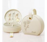 iDIY Cadeau Personnalisé Femme Boîte à bijoux Femme de Voyage, boîte à bijoux personnalisée avec initiale, fleur de naissance et nom, cadeau d'anniversaire pour les filles, les amies