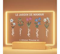 iDIY Lampe Personnalisée pour Maman - Prénom et Fleur du Mois de Naissance, Cadeau Fête des Mères et Anniversaire, Acrylique 22x15 cm, Base en Option