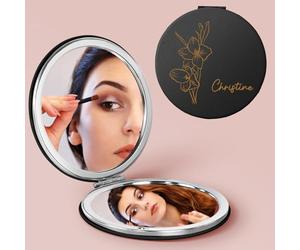 iDIY Miroir de Maquillage Personnalisé avec Nom -Miroir de Voyage grossissant 1x/10x avec Initiale/Fleur d'anniversaire, Portable et Recto-Verso, Cadeaux Pratiques pour Les Femmes