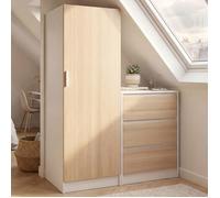 IDMARKET Armoire 1 porte AMBRE penderie avec commode 3 tiroirs 100 cm modulable façon hêtre et blanc