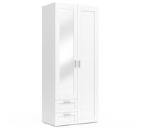 IDMarket Armoire 2 portes VITO – Blanc, penderie 80 cm, 2 tiroirs, miroir et étagères