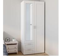 Armoire 2 Portes Vito Blanc Penderie 80 Cm Avec 2 Tiroirs, Miroir Et Étagères Blanc