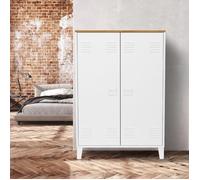 IDMarket Armoire basse ESTER – 2 portes métal blanc, plateau bois, design industriel