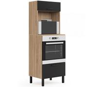 IDMarket - Armoire Colonne de Cuisine Four/Micro-Ondes 60 cm CINA 2 Portes Noir et façon hêtre