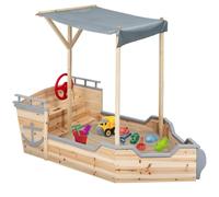 IDMarket - Bac à sable World - Bateau de pirate en bois avec banc coffre et toit gris