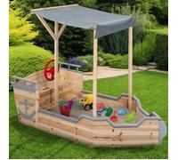 IDMarket - Bac à sable World - Bateau de pirate en bois avec banc coffre et toit gris
