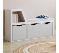 IDMarket - Bibliothèque Banc Oscar 4 Cases avec Coussins Gris et bacs Tissus 102 cm Blanc
