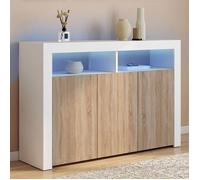 IDMARKET Buffet 110 cm ELIGHT 3 portes avec LED et niches blanc et bois façon hêtre