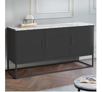 IDMARKET Buffet bas 113 cm ALASKA 3 portes noir plateau effet marbre blanc
