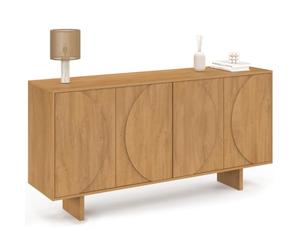 IDMarket - Buffet Bas 160 cm Arvin 4 Portes reliefs arrondis Bois Clair | Buffet enfilade pour salon ou salle à manger, 2 doubles placards avec étagères ajustables