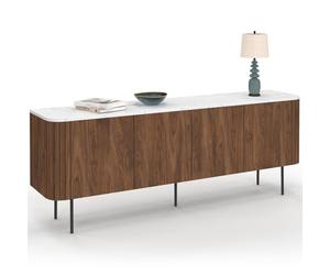 IDMarket - Buffet Bas 160 cm Marla 4 Portes Effet Noyer et Lattes et Plateau marbre Blanc Alaska