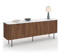 IDMarket - Buffet Bas 160 cm Marla Effet Noyer et Lattes | Avec plateau marbre blanc alaska, 4 portes