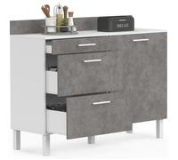 IDMarket - Buffet Bas casserolier de Cuisine 120 cm CINA Plan de Travail H.83 cm 1 Porte + 3 tiroirs Blanc et Effet béton