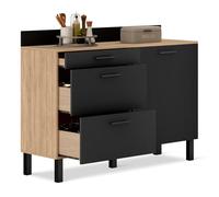 IDMarket - Buffet bas casserolier de cuisine 120 CM CINA plan de travail H.83 cm 1 porte + 3 tiroirs façon hêtre et noir