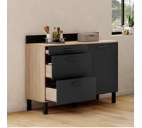 IDMarket - Buffet Bas casserolier de Cuisine 120 CM CINA Plan de Travail H.83 cm 1 Porte + 3 tiroirs façon hêtre et Noir