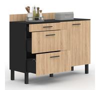 IDMarket - Buffet Bas casserolier de Cuisine 120 cm CINA Plan de Travail H.83 cm 1 Porte + 3 tiroirs Noir et façon hêtre