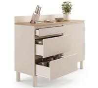 IDMarket - Buffet Bas casserolier de Cuisine 120 cm Claude Plan de Travail Effet Bois H.83 cm 1 Porte + 3 tiroirs Beige