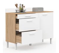 IDMarket - Buffet Bas de Cuisine 120 cm casserolier CINA façon hêtre, Blanc | Plan de travail h.83 cm 1 porte + 3 tiroirs