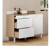 IDMarket - Buffet Bas de Cuisine 120 cm casserolier CINA Plan de Travail H.83 cm 1 Porte + 3 tiroirs façon hêtre et Blanc