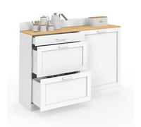 IDMarket - Buffet Bas de Cuisine 120 cm casserolier VITO Plan de Travail H.83 cm 1 Porte + 3 tiroirs Blanc et Plateau façon hêtre
