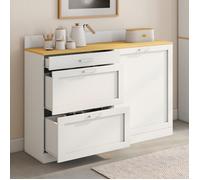 IDMarket - Buffet Bas de Cuisine 120 cm casserolier VITO Plan de Travail H.83 cm 1 Porte + 3 tiroirs Blanc et Plateau façon hêtre