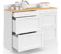IDMARKET Buffet bas de cuisine 120 cm casserolier VITO plan de travail H.83 cm 6 tiroirs blanc et plateau façon hêtre