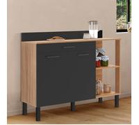 Buffet bas de cuisine 120 cm cina plan de travail h.83 cm 2 portes + tiroir façon hêtre et noir