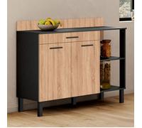 Buffet Bas De Cuisine 120 Cm Cina Plan De Travail H.83 Cm 2 Portes + Tiroir Noir Et Façon Hêtre Noir