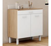 IDMarket - Buffet Bas de Cuisine 80 cm CINA Plan de Travail H.83 cm 2 Portes + tiroir façon hêtre et Blanc