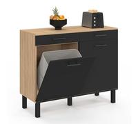IDMarket - Buffet Bas de Cuisine avec Espace Poubelle 100 cm CINA Plan de Travail H.83 cm 2 Portes + tiroirs façon hêtre et Noir