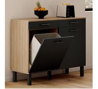 IDMarket - Buffet Bas de Cuisine avec Espace Poubelle 100 cm CINA Plan de Travail H.83 cm 2 Portes + tiroirs façon hêtre et Noir