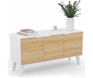 IDMarket - Buffet Bas scandinave 113 cm FINN Blanc 3 Portes façon hêtre