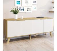 IDMarket - Buffet Bas scandinave 140 cm FINN 4 Portes Blanc et Bois façon hêtre