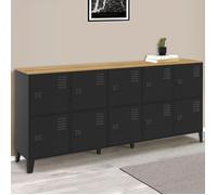 IDMarket - Buffet casier 180cm Ester 10 Portes en métal Noir Plateau Bois Design Industriel
