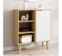 IDMarket - Buffet d'appoint 3 étagères et Placard 70 cm FINN Blanc et Bois façon hêtre