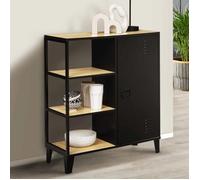 IDMARKET Buffet d'appoint 3 étagères et placard métal noir et plateau bois 70 cm ESTER design industriel