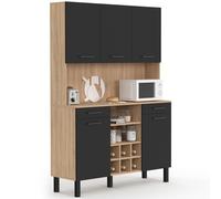 IDMarket - Buffet de Cuisine 120 CM CINA 5 Portes + tiroirs + Range-Bouteilles façon hêtre et Noir