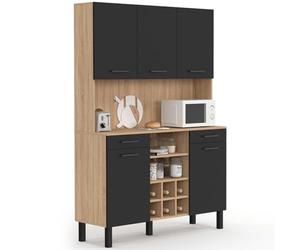 IDMarket - Buffet de Cuisine 120 CM CINA 5 Portes + tiroirs + Range-Bouteilles façon hêtre et Noir